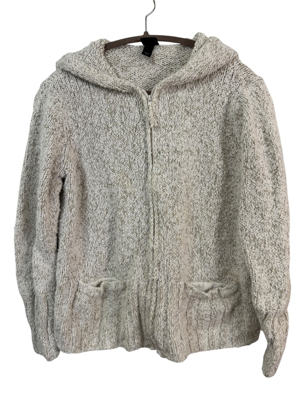 Eileen Fisher Cotton Linen Chunky Knit Hooded Sweater in Oatmeal Gray Cream